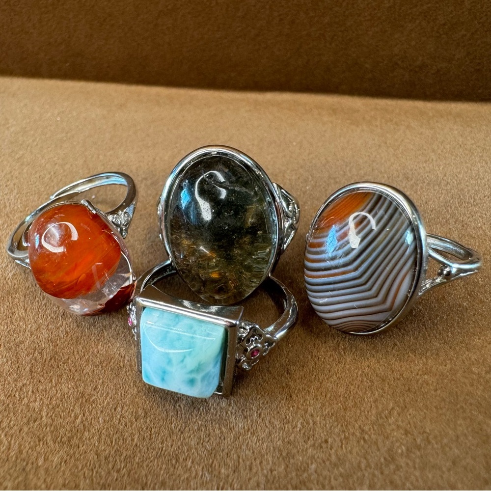 Vibrant Real Crystal Adjustable Rings Larimar, Sardonyx, Garden and Fire Quartz